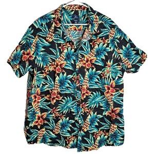 George Men's Hawaiian Shirt Size 3XL 54-56 Slim Fit Black Floral Aloha Button-Up